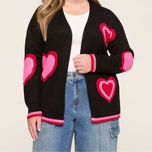 Lane Bryant Black and Pink Heart Sweater Cardigan